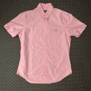 Ralph Lauren Slim Fit Medium Pink with White Palm Trees short sleeve shirt